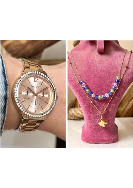 Çelik Spor Şık Kadın Kol SAAT+%100 Çelik Kolye Hediye Set