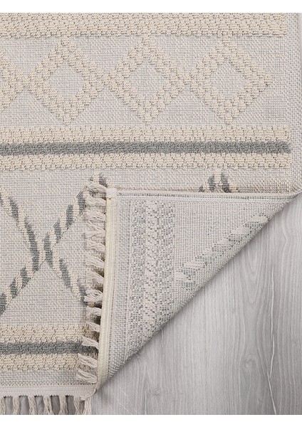 Dekoratif Modern Naturel Kayma Yapmayan Yıkanabilir Pamuk Dokuma Kilim Saçaklı 7014B