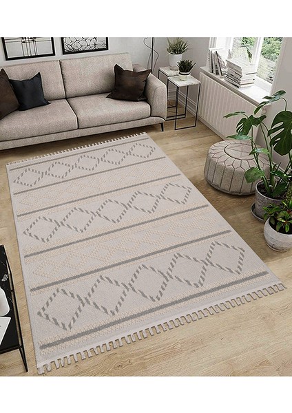 Dekoratif Modern Naturel Kayma Yapmayan Yıkanabilir Pamuk Dokuma Kilim Saçaklı 7014B