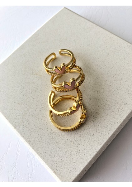 Zirkon Taş Pembe Kalp Ayarlanabilir Gold Yüzük DRN20012 modelleri