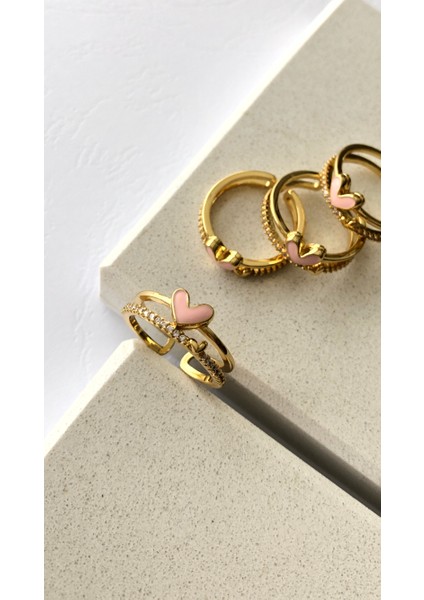 Zirkon Taş Pembe Kalp Ayarlanabilir Gold Yüzük DRN20012 fırsatları