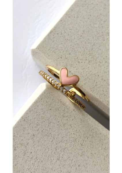Zirkon Taş Pembe Kalp Ayarlanabilir Gold Yüzük DRN20012 indirimleri