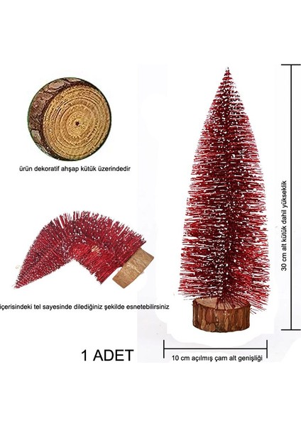 Yılbaşı Karlı Simli Iğne Yapraklı Masa Üstü Çam Ağacı Kırmızı Renk 30 cm