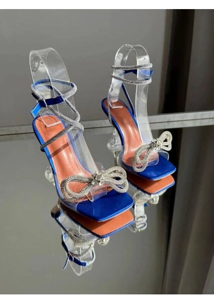 Kadın Şeffaf Lacivert Saks Mavi Taba 8 cm Şeffaf Topuklu Inci Fiyonk Taşlı Abiye Sandalet Ayakkabı fiyatları