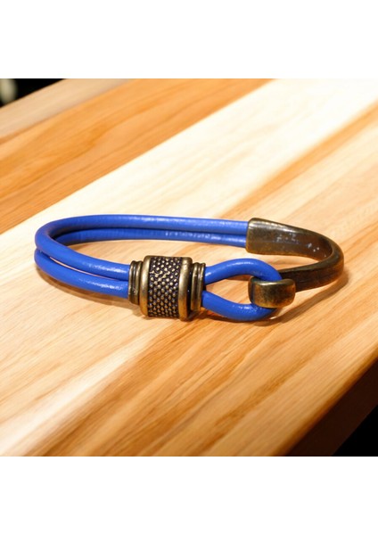 Antik Sarı Kanca ve Metal Boncuklarla Mavi Deri Bileklik - Şık Tasarım, 3 Beden Seçeneğiyle Modern ve Retro Dokunuş