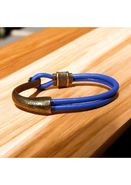 Antik Sarı Kanca ve Metal Boncuklarla Mavi Deri Bileklik - Şık Tasarım, 3 Beden Seçeneğiyle Modern ve Retro Dokunuş modelleri