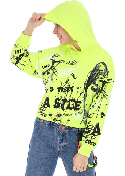 Kız Çocuk Loco Yazılı Resim Desenli Crop Model Kapüşonlu Neon Sarı Renk Sweatshirt
