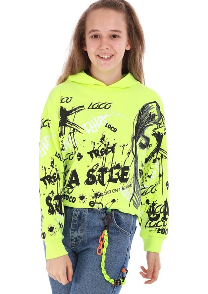 Kız Çocuk Loco Yazılı Resim Desenli Crop Model Kapüşonlu Neon Sarı Renk Sweatshirt