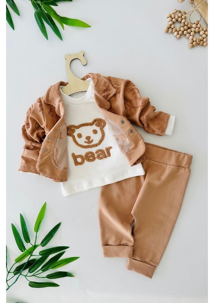 (0-6 Ay) Bear Kabartma Desenli Ceketli 3 Parçalı Erkek Bebek Takım - Kahve