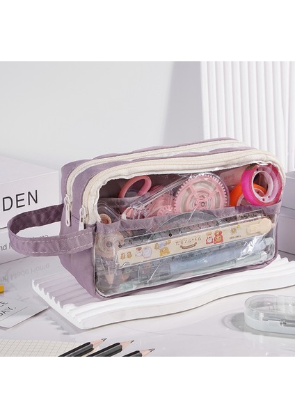 Ekstra Büyük Kapasiteli Şeffaf Kalem Çantası Taşınabilir Üç Katmanlı Ilkokul Kız Versiyonu 2024 Yeni Ortaokul Öğrencisi Kalem Çantası (Yurt Dışından)