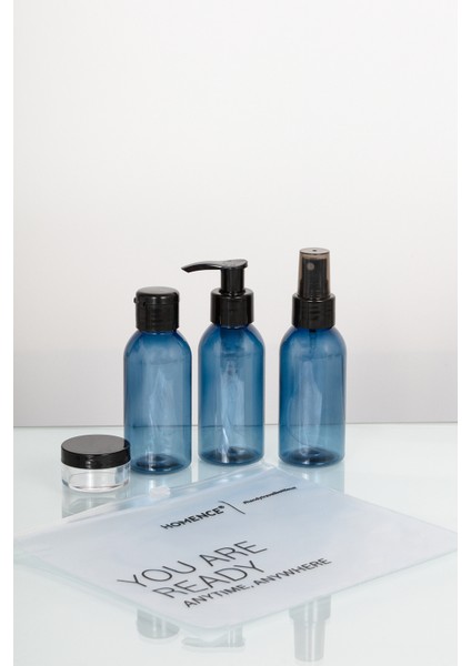 Seyahat Seti- Plastik Seyahat Boy 100ml Mavi Şişe Ve Kavanoz 4'lü Çantalı Seyahat Kiti