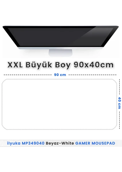 90X40 Logosuz Beyaz-White Xxl Büyük Boy Ilyuka MP349040 Gaming Mousepad Dikişli Kenar Kaymaz Taban 90X40CM