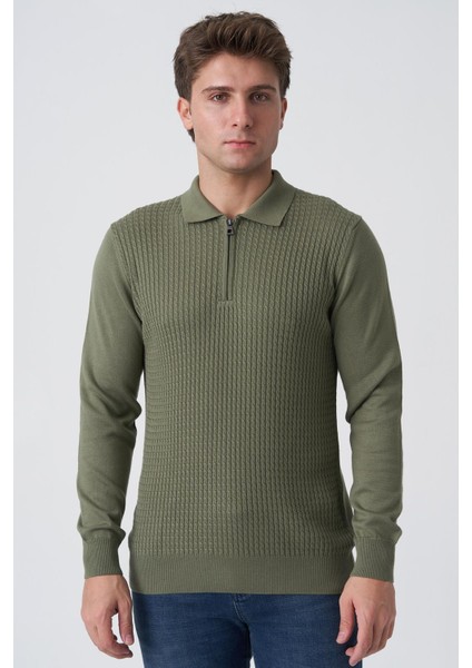 Almada 16053 Slim Fit Pamuklu Yakalı Triko Yeşil