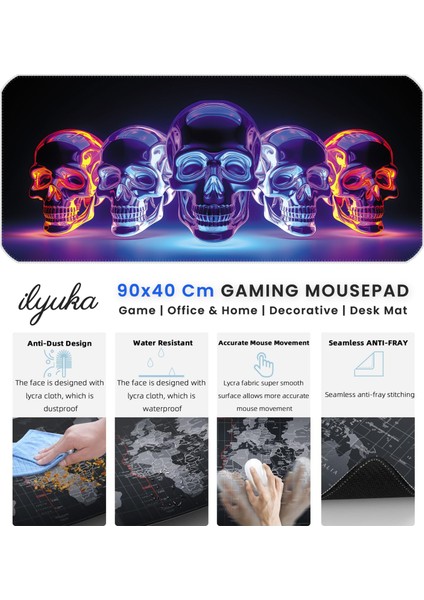 90X40 Bright Skull Xxl Büyük Boy Ilyuka MP209040 Gaming Mousepad Dikişli Kenar Kaymaz Taban 90X40CM fırsatları