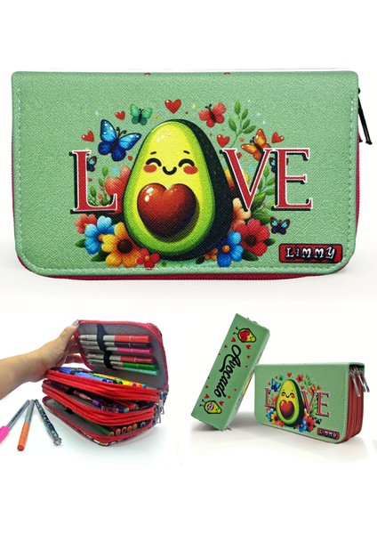 Kalem Kutusu Avakado Love Kawai Organizer Kalemkutu Vegan Deri Üç Bölmeli Kalemlik - Kırmızı