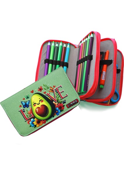 Kalem Kutusu Avakado Love Kawai Organizer Kalemkutu Vegan Deri Üç Bölmeli Kalemlik - Kırmızı modelleri