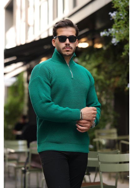 Oversize Selanik Örgü Yarım Fermuar Erkek Triko Kazak - Yeşil modelleri