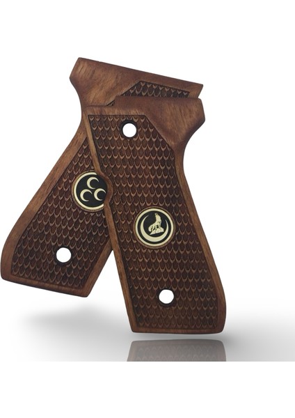 Zib Grips Silah Kabzası - Girsan Yavuz 16, Beretta F92 ile Uyumlu - Sadece Vernik Uygulanmış - Ceviz Ağacı - Metal Logolu - CVBRTF92SV056L1