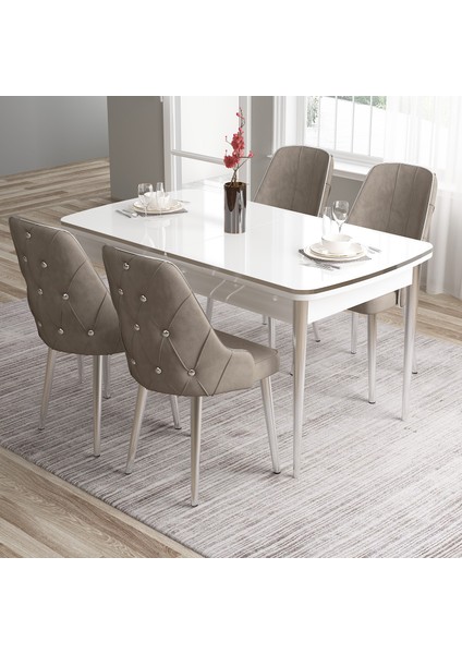 Tia Serisi, Beyaz MASA,80X132 Açılabilir Mdf Mutfak Masa Takımı 4 Sandalye Gümüş Detay