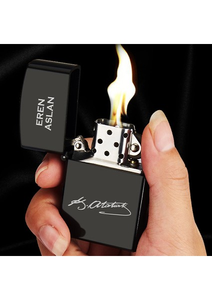 Kişiye Özel Isimli Benzinli Siyah Zippo Çakmak - Atatürk Imza Baskılı