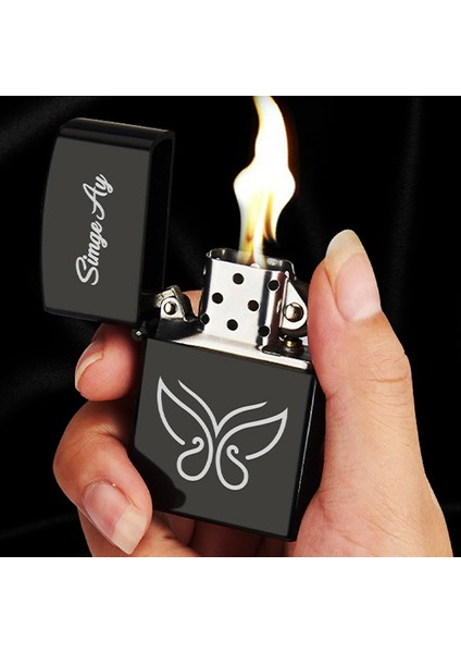 Kişiye Özel Isimli Benzinli Siyah Zippo Çakmak - Kelebek Baskılı