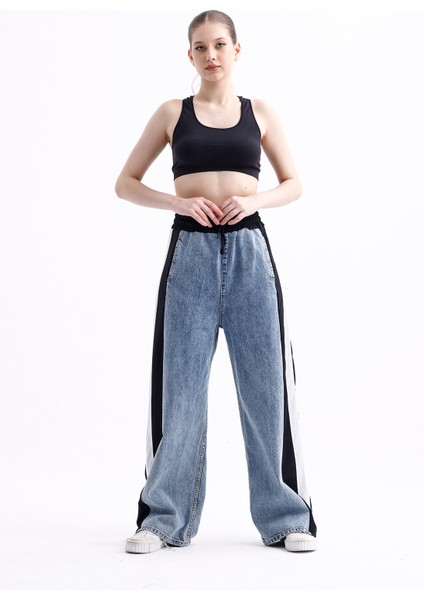 Polopass 025 Kadın Bol Paça Yan Şerit Penye Kot Denim Pantolon