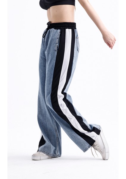 Polopass 025 Kadın Bol Paça Yan Şerit Penye Kot Denim Pantolon fiyatları