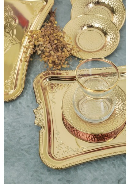 Sadece 6 Tepsi Seti 6 Adet Tek Kişilik Kahve Sunumluk Metal Damat Söz Tepsisi Gold 6 Tepsi
