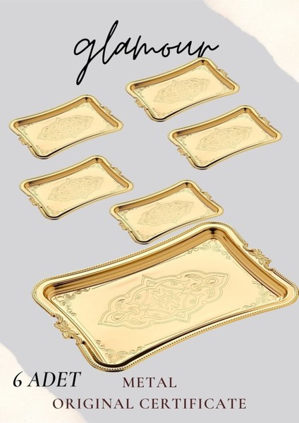 Sadece 6 Tepsi Seti 6 Adet Tek Kişilik Kahve Sunumluk Metal Damat Söz Tepsisi Gold 6 Tepsi