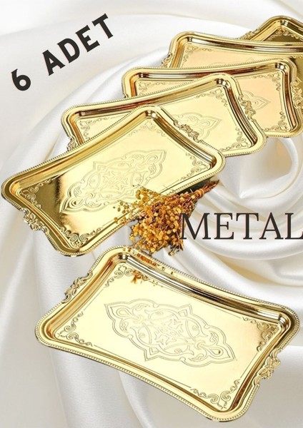 Sadece 6 Tepsi Seti 6 Adet Tek Kişilik Kahve Sunumluk Metal Damat Söz Tepsisi Gold 6 Tepsi