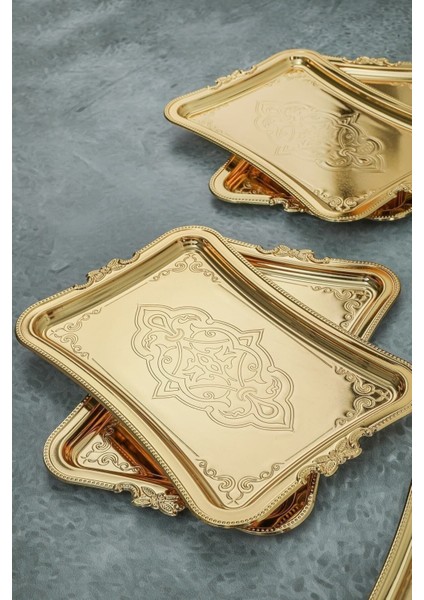 Sadece 6 Tepsi Seti 6 Adet Tek Kişilik Kahve Sunumluk Metal Damat Söz Tepsisi Gold 6 Tepsi
