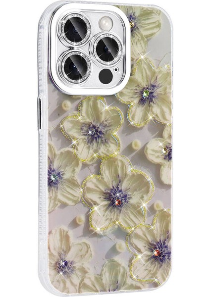 - Apple iPhone 14 Pro Max - Kılıf Çiçek Desenli Parlak Taşlı Sert Silikon Garden Kapak - Colorful