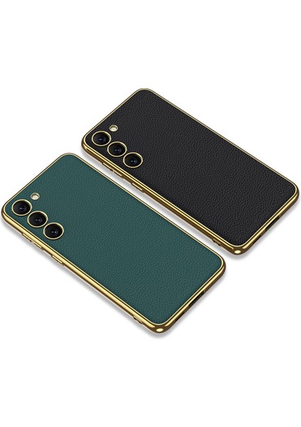 - Samsung Galaxy S23 - Kılıf Deri Görünümlü Kenarları Elektroplating Kaplama Fizyon Kapak - Siyah - T26172