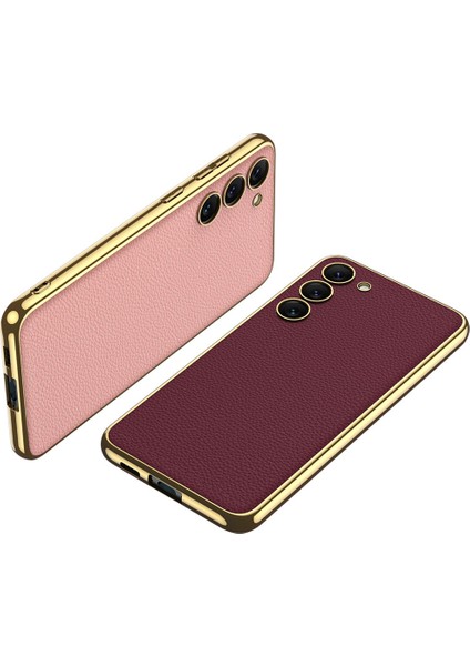 - Samsung Galaxy S23 - Kılıf Deri Görünümlü Kenarları Elektroplating Kaplama Fizyon Kapak - Siyah - T26172