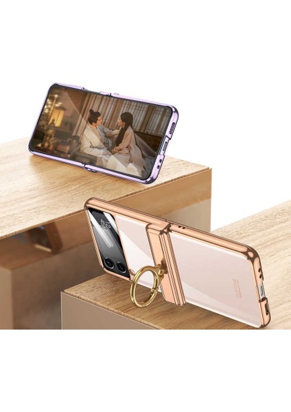 - Samsung Galaxy Z Flip 4 - Kılıf Kıpta Yüzüklü Lens Korumalı Kapak - Mavi - T25130