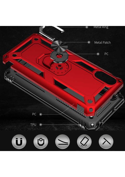 - Xiaomi Redmi 9A - Kılıf Yüzüklü Zırh Tank Vega Kapak - Kırmızı - T15547