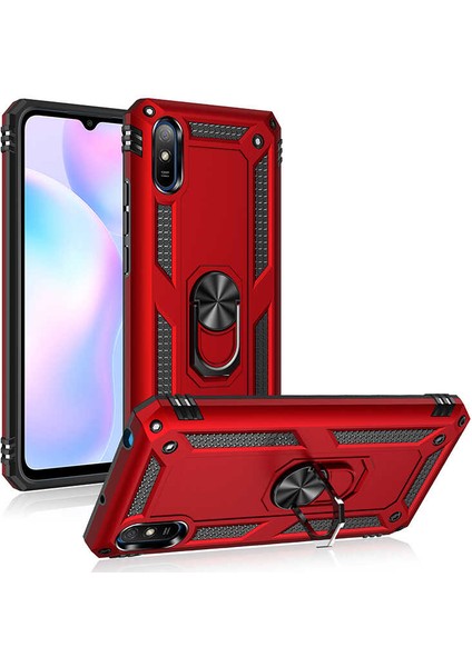- Xiaomi Redmi 9A - Kılıf Yüzüklü Zırh Tank Vega Kapak - Kırmızı - T15547
