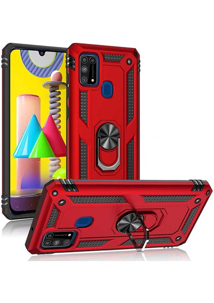 - Samsung Galaxy M31 - Kılıf Yüzüklü Zırh Tank Vega Kapak - Kırmızı - T13870