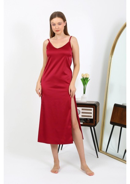 Yırtmaçlı Uzun Saten Gecelik Bordo 7410