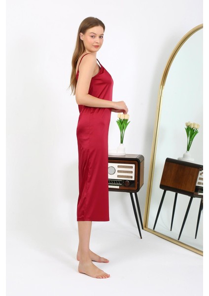 Yırtmaçlı Uzun Saten Gecelik Bordo 7410