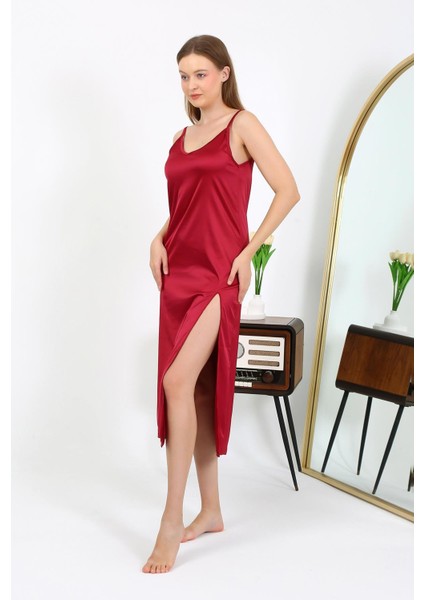 Yırtmaçlı Uzun Saten Gecelik Bordo 7410