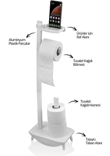 Lüx Çok Fonksiyonlu Ayaklı Wc Set Yedek Tuvalet Kağıtlıklı Telefon Stant ve Ayaklı