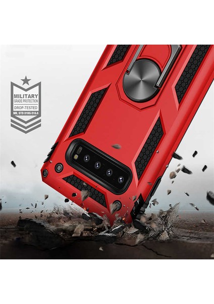 - Samsung Galaxy S10 - Kılıf Yüzüklü Zırh Tank Vega Kapak - Kırmızı - T8268