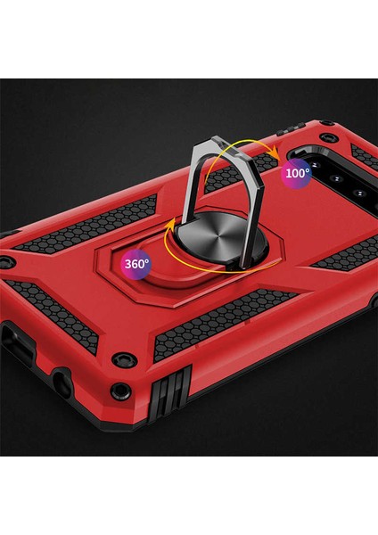 - Samsung Galaxy S10 - Kılıf Yüzüklü Zırh Tank Vega Kapak - Kırmızı - T8268