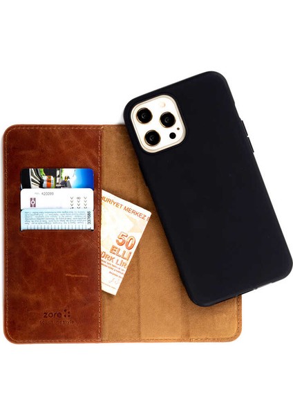 - Apple iPhone 13 Pro Max - Kılıf 360 Full Koruma Kapakli Kartlikli Kart Bölmeli Hakiki Deri Multi Cüzdan Kilif - Lacivert