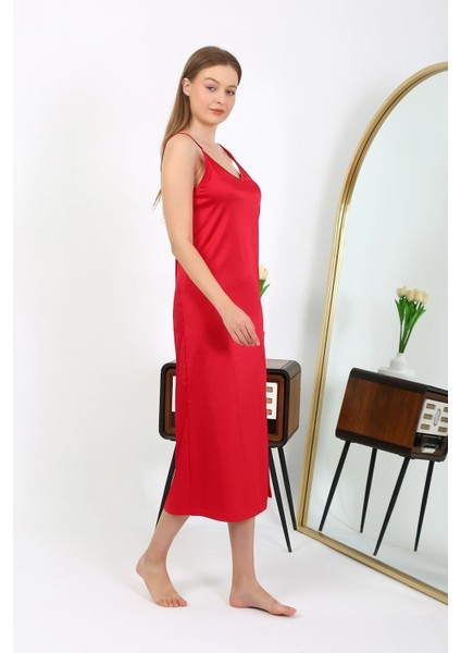 Yırtmaçlı Uzun Saten Gecelik Kırmızı 7410 fiyatları