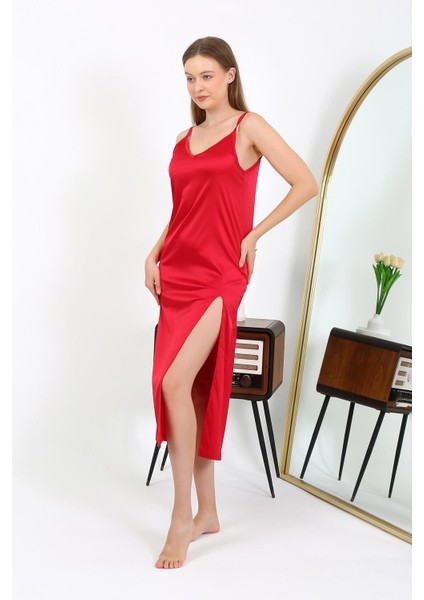 Yırtmaçlı Uzun Saten Gecelik Kırmızı 7410 modelleri