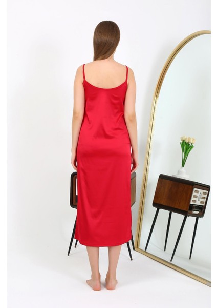 Yırtmaçlı Uzun Saten Gecelik Kırmızı 7410 fırsatları