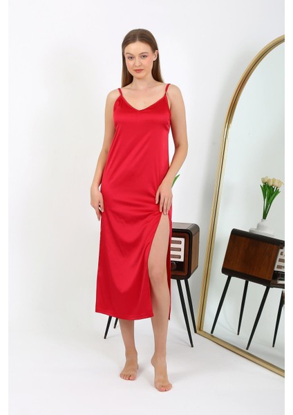 Yırtmaçlı Uzun Saten Gecelik Kırmızı 7410 indirimleri