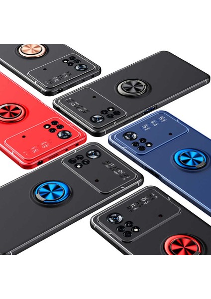 - Xiaomi Poco X4 Pro 5G - Kılıf Yüzüklü Karbon Ravel Silikon Kapak - Siyah-Mavi